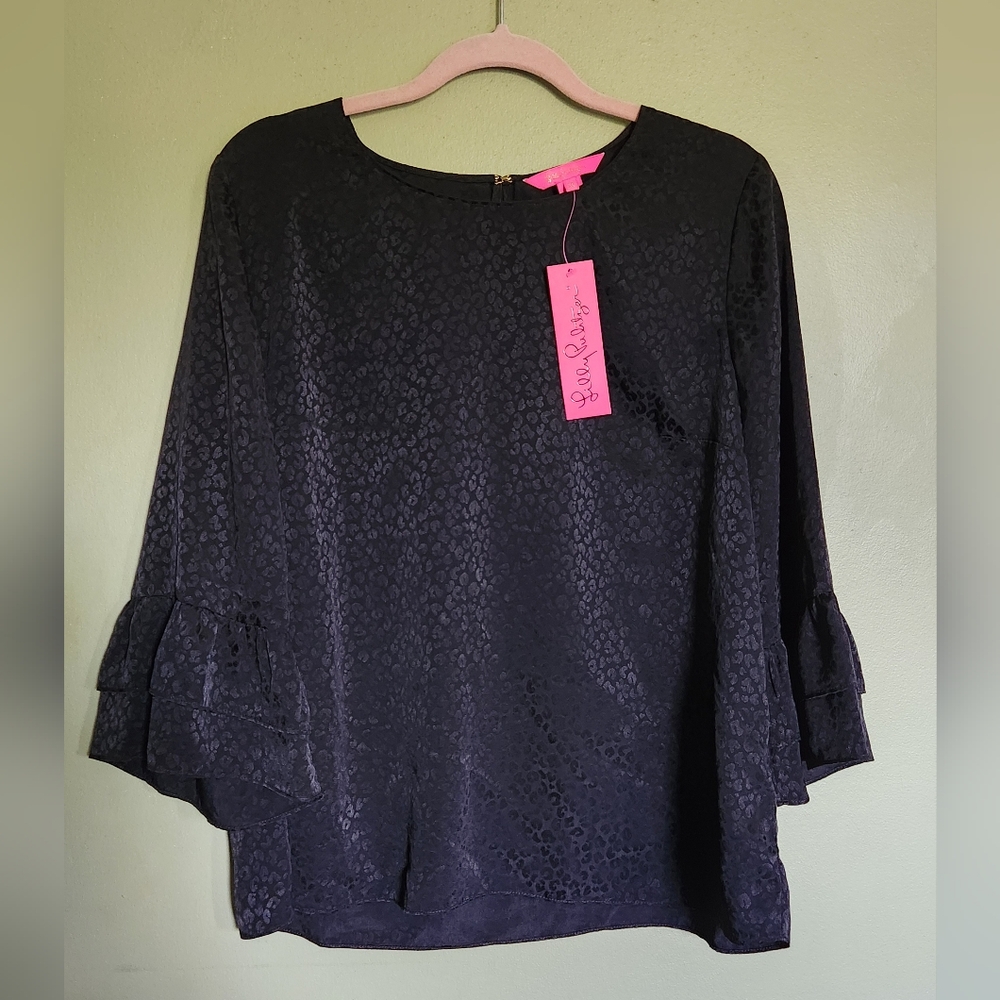 Lilly Pulitzer Black Textured Bell Sleeve Blouse